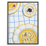 Load image into Gallery viewer, Illustrated art print of pasta dishes and a bowl of caviar on a blue-check tablecloth.
