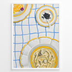 Load image into Gallery viewer, Illustrated art print of pasta dishes and a bowl of caviar on a blue-check tablecloth.
