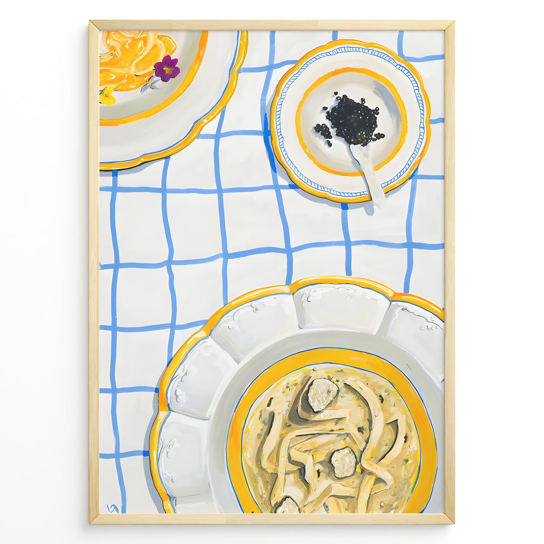 Illustrated art print of pasta dishes and a bowl of caviar on a blue-check tablecloth.