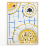 Load image into Gallery viewer, Illustrated art print of pasta dishes and a bowl of caviar on a blue-check tablecloth.
