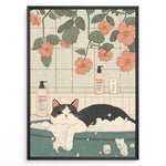 Load image into Gallery viewer, Cute illustration of a black and white cat relaxing in a bubble bath with flowers and bath products in a pastel Japanese-style bathroom.
