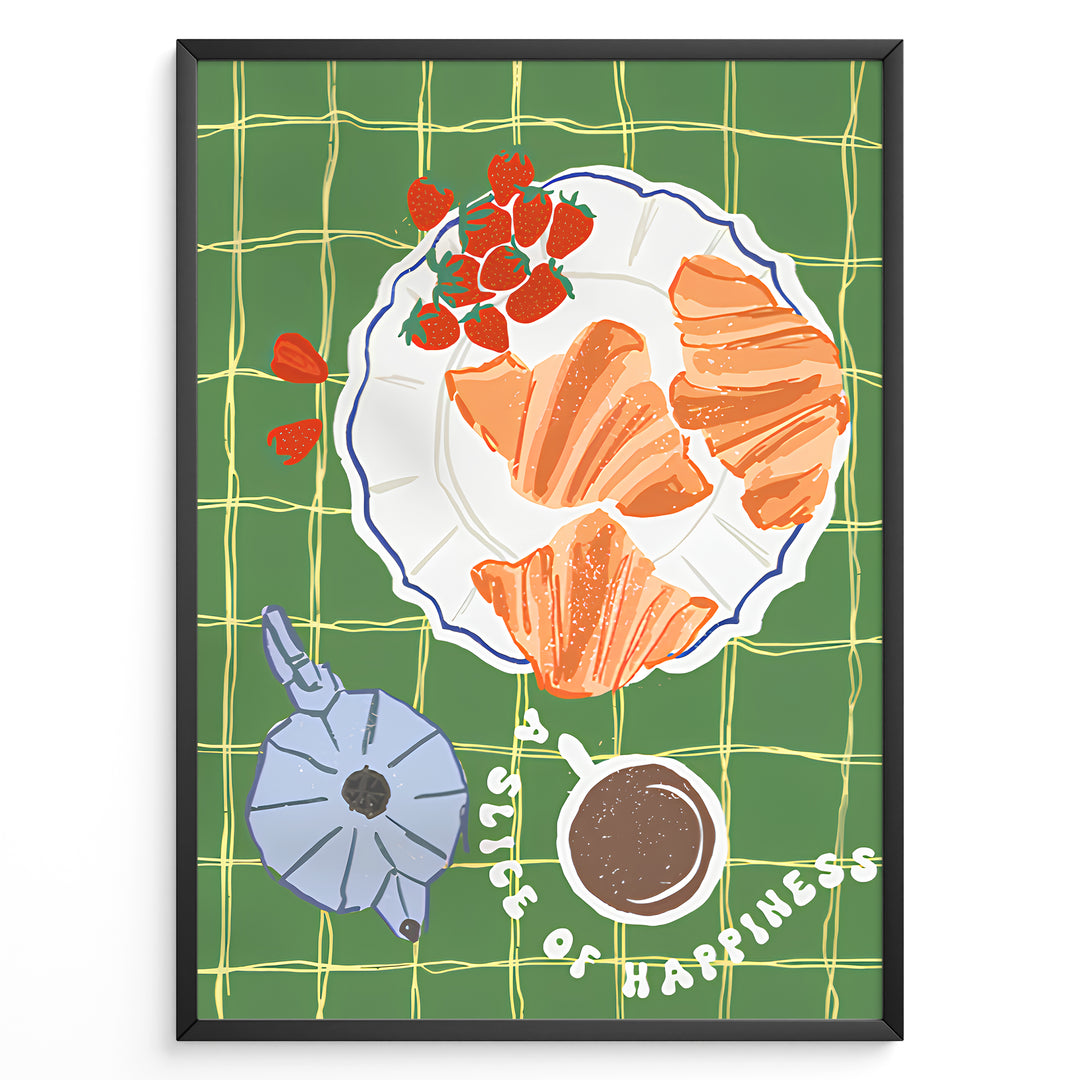 Illustrated breakfast setup with croissants, strawberries, a moka pot, and coffee on a green checkered tablecloth.