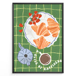 Load image into Gallery viewer, Illustrated breakfast setup with croissants, strawberries, a moka pot, and coffee on a green checkered tablecloth.
