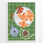 Load image into Gallery viewer, Illustrated breakfast setup with croissants, strawberries, a moka pot, and coffee on a green checkered tablecloth.
