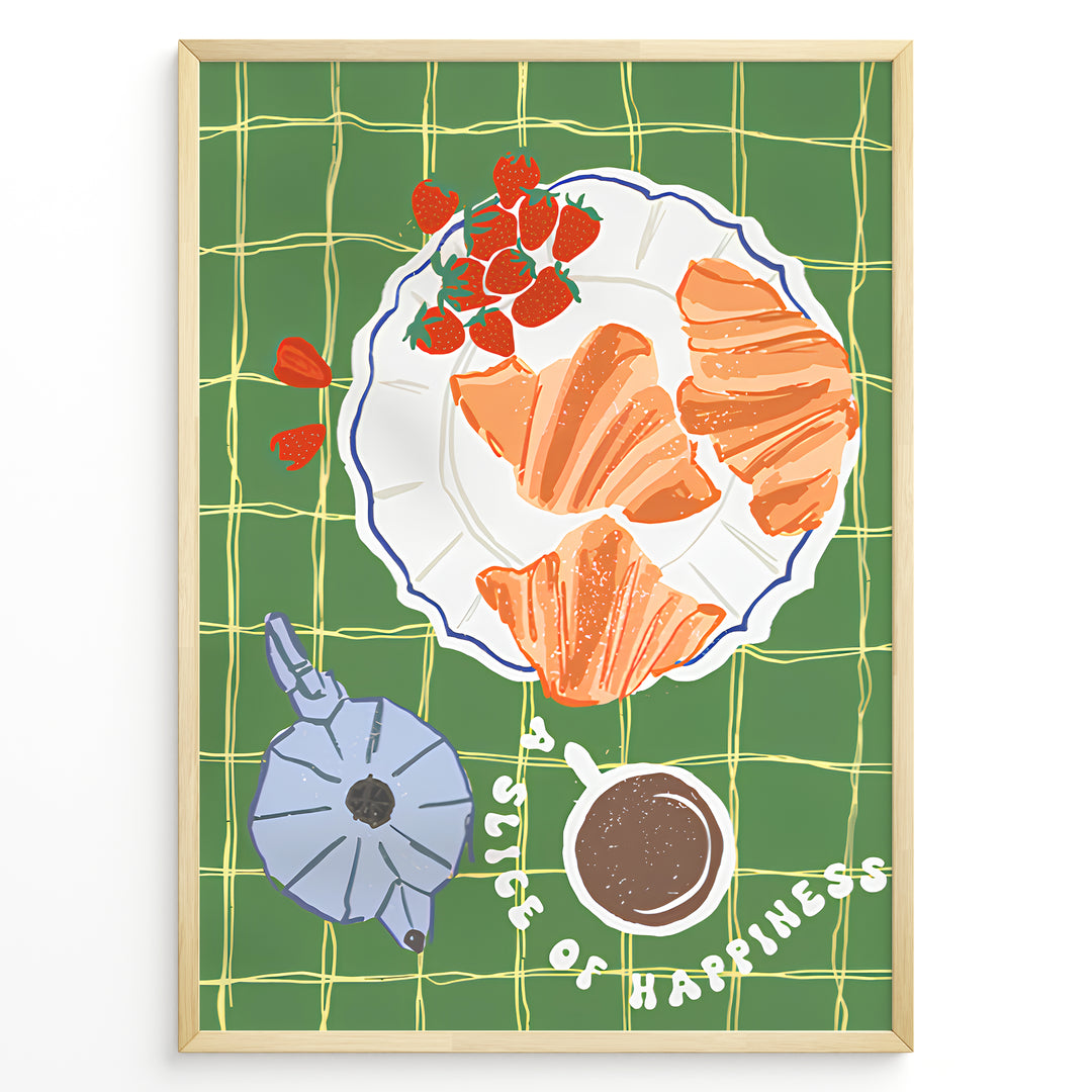 Illustrated breakfast setup with croissants, strawberries, a moka pot, and coffee on a green checkered tablecloth.