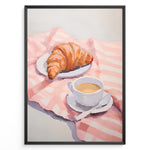 Load image into Gallery viewer, Illustration of a croissant on a plate and a cup of coffee on a pink cloth.
