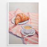 Load image into Gallery viewer, Illustration of a croissant on a plate and a cup of coffee on a pink cloth.
