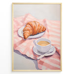 Load image into Gallery viewer, Illustration of a croissant on a plate and a cup of coffee on a pink cloth.

