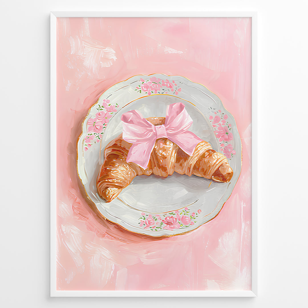 Illustrated croissant with a pink bow on a floral plate over a pink background.