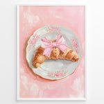 Load image into Gallery viewer, Illustrated croissant with a pink bow on a floral plate over a pink background.
