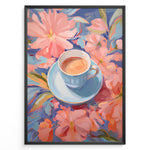 Load image into Gallery viewer, Illustration of a blue teacup with coffee surrounded by pink pastel flowers.
