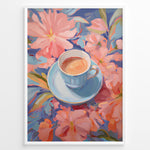 Load image into Gallery viewer, Illustration of a blue teacup with coffee surrounded by pink pastel flowers.

