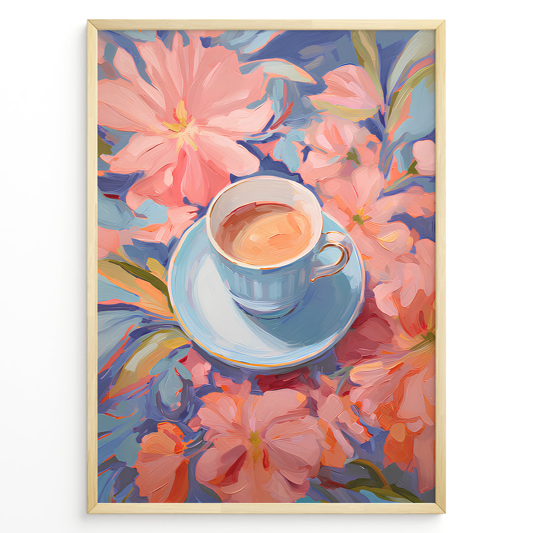 Illustration of a blue teacup with coffee surrounded by pink pastel flowers.