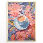 Load image into Gallery viewer, Illustration of a blue teacup with coffee surrounded by pink pastel flowers.
