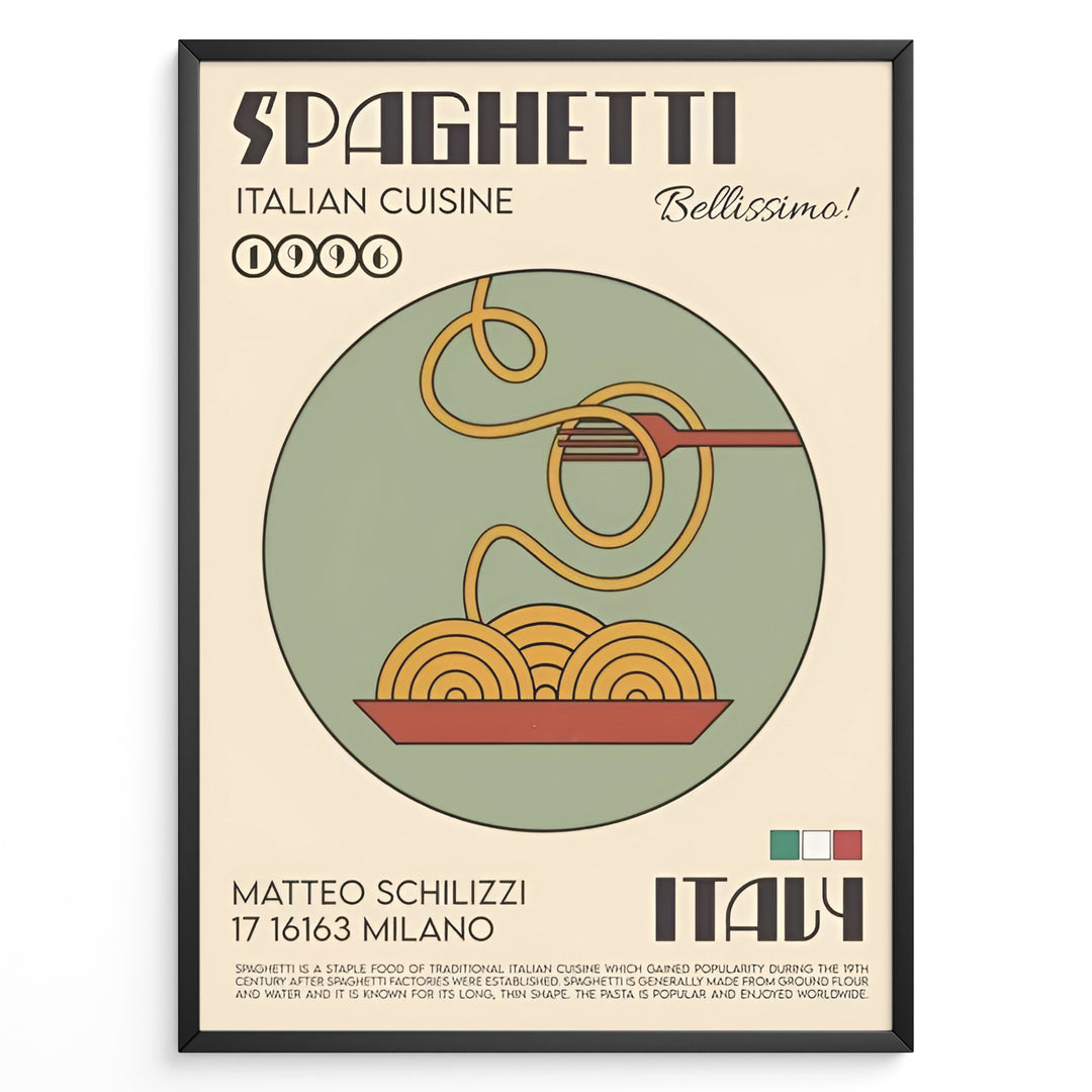 Retro-style spaghetti art print plakat with fork twirling pasta in a bowl, Italian typography, and vintage beige background framed in black.
