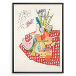 Load image into Gallery viewer, Colorful still life illustration with fruits, flowers, a blue bird, and a red checkered tablecloth framed in black – modern kitchen wall art plakat.
