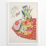 Load image into Gallery viewer, Colorful still life illustration with fruits, flowers, a blue bird, and a red checkered tablecloth framed in black – modern kitchen wall art plakat.

