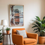 Load image into Gallery viewer, Plakat med Volkswagen surf van | Sommer og Strand Plakater | Denne plakat viser en orange Volkswagen van med surfbrætter på taget, parkeret på en våd overflade med refleksion af vanen i vandet. Perfekt til eventyrlystne sjæle og strandelskere.
