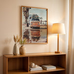 Load image into Gallery viewer, Plakat med Volkswagen surf van | Sommer og Strand Plakater | Denne plakat viser en orange Volkswagen van med surfbrætter på taget, parkeret på en våd overflade med refleksion af vanen i vandet. Perfekt til eventyrlystne sjæle og strandelskere.
