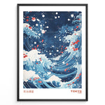 Load image into Gallery viewer, Blue Japanese ocean wave illustration with white foam, swirling water, and red paint accents, labeled Tokyo 1998.

