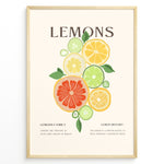 Load image into Gallery viewer, Illustration of colorful citrus fruits including lemons, limes, and grapefruits with green leaves, framed in black – modern lemon kitchen wall art plakat.

