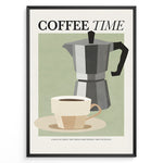 Load image into Gallery viewer, Minimalist Coffee Time poster with cup and moka pot illustration in black frame.
