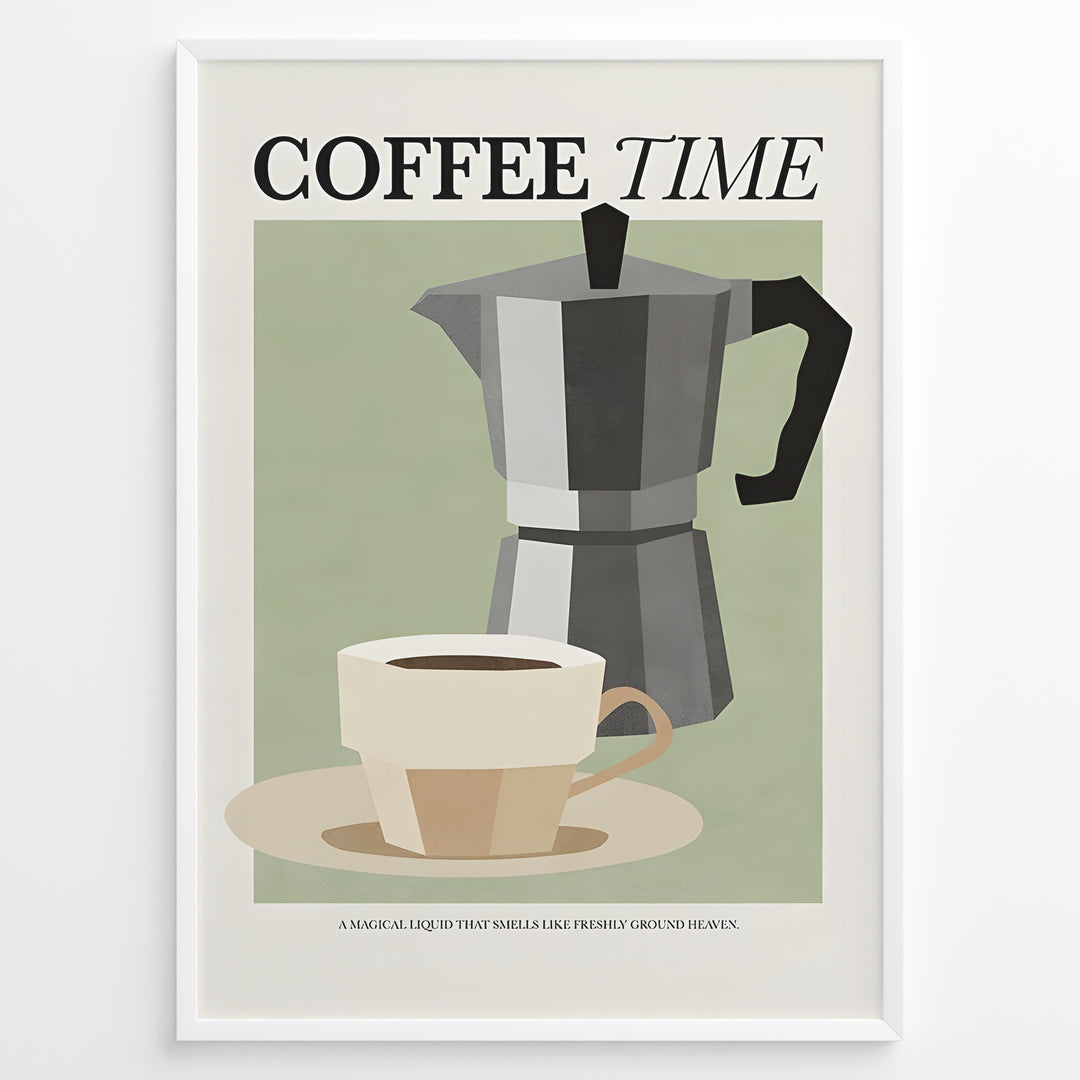 Minimalist Coffee Time poster with cup and moka pot illustration in white frame.