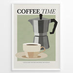 Load image into Gallery viewer, Minimalist Coffee Time poster with cup and moka pot illustration in white frame.
