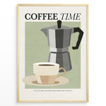 Load image into Gallery viewer, Minimalist Coffee Time poster with cup and moka pot illustration in golden frame.
