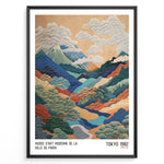 Load image into Gallery viewer, Vintage Japanese landscape poster with colorful layered mountains, clouds, and trees, framed in black, labeled “Tokyo 1982” and “Musée d’Art Moderne de la Ville de Paris.”
