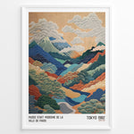 Load image into Gallery viewer, Vintage Japanese landscape poster with colorful layered mountains, clouds, and trees, framed in black, labeled “Tokyo 1982” and “Musée d’Art Moderne de la Ville de Paris.”
