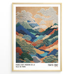Load image into Gallery viewer, Vintage Japanese landscape poster with colorful layered mountains, clouds, and trees, framed in black, labeled “Tokyo 1982” and “Musée d’Art Moderne de la Ville de Paris.”
