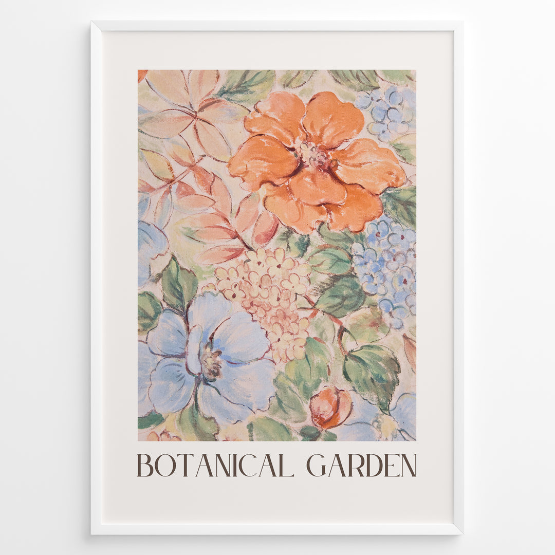 Botanical Garden poster with hand-painted floral design in pastel orange, blue, and green tones.