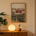 Load image into Gallery viewer, Plakat med vintage van i klitterne | Sommer og Strand Plakater | Denne plakat viser en rød vintage van parkeret på en sandsti omgivet af klitter og vegetation. Perfekt til nostalgikere og eventyrere.
