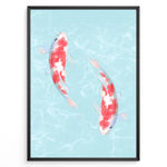 Load image into Gallery viewer, Illustration of two red and white koi fish swimming in light blue water with soft ripples, framed in a black border.

