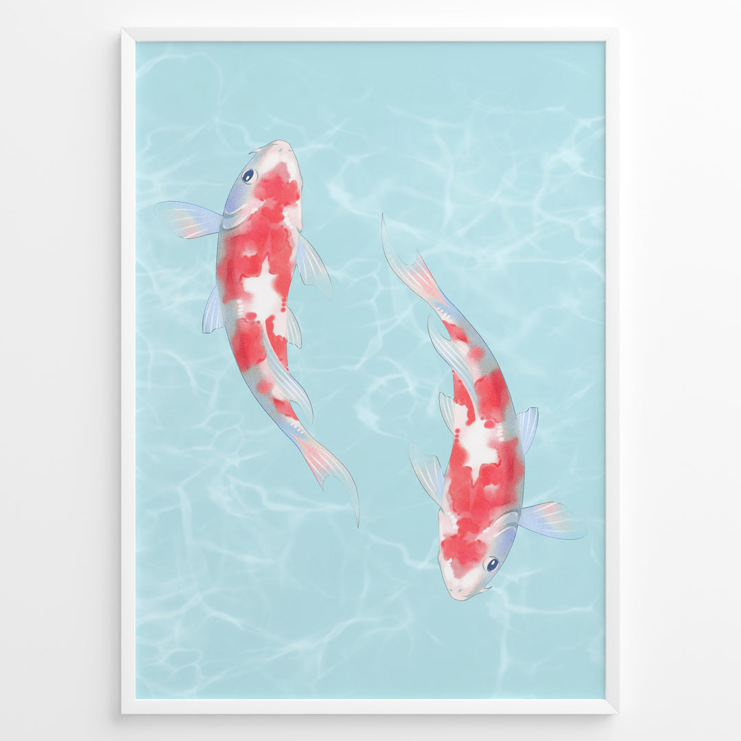 Illustration of two red and white koi fish swimming in light blue water with soft ripples, framed in a black border.