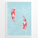 Load image into Gallery viewer, Illustration of two red and white koi fish swimming in light blue water with soft ripples, framed in a black border.
