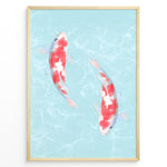 Load image into Gallery viewer, Illustration of two red and white koi fish swimming in light blue water with soft ripples, framed in a black border.
