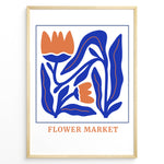 Load image into Gallery viewer, Flower Market Plakat | Botanisk Poster | Farverig illustration med orange blomster og blå blade
