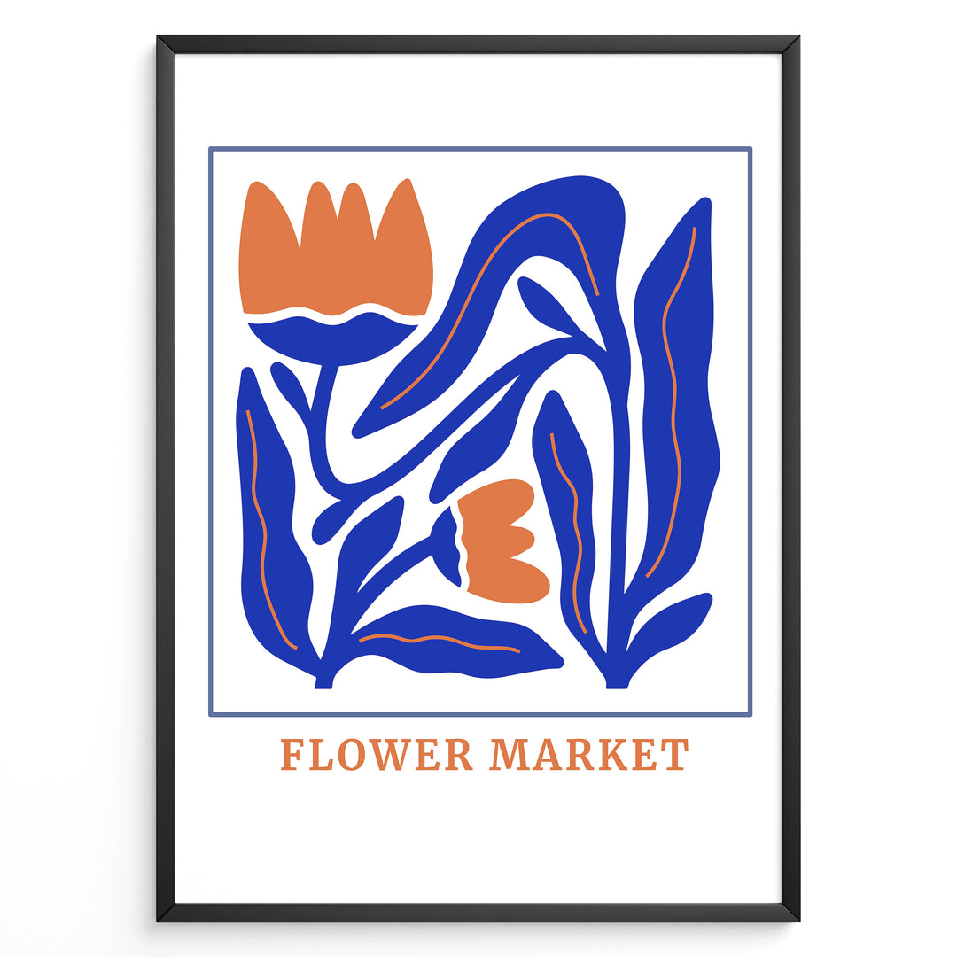 Flower Market Plakat | Botanisk Poster | Farverig illustration med orange blomster og blå blade