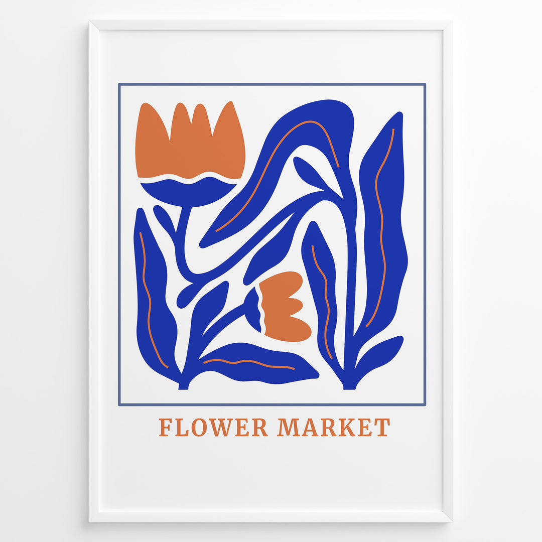 Flower Market Plakat | Botanisk Poster | Farverig illustration med orange blomster og blå blade