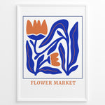 Load image into Gallery viewer, Flower Market Plakat | Botanisk Poster | Farverig illustration med orange blomster og blå blade
