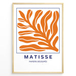 Load image into Gallery viewer, Coral Cut-Outs Plakat | Matisse Poster | Blå ramme med orange abstrakt bladmotiv
