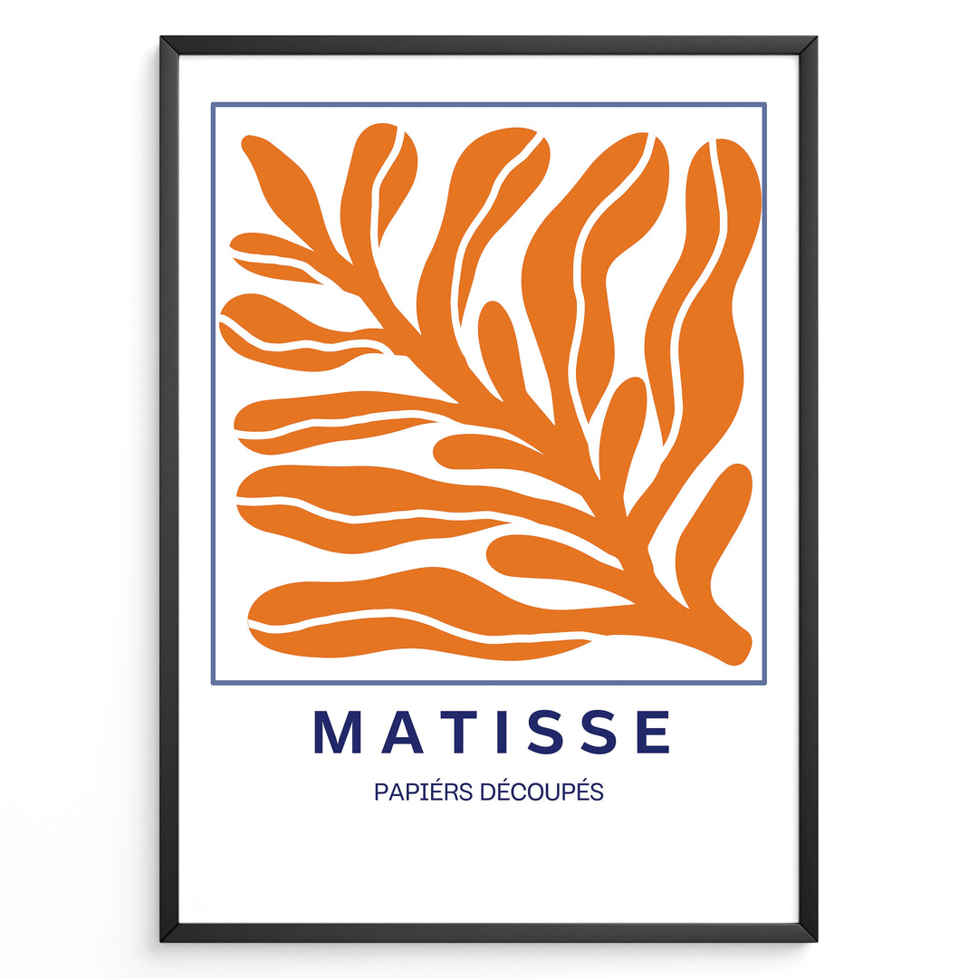 Coral Cut-Outs Plakat | Matisse Poster | Blå ramme med orange abstrakt bladmotiv