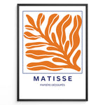 Load image into Gallery viewer, Coral Cut-Outs Plakat | Matisse Poster | Blå ramme med orange abstrakt bladmotiv
