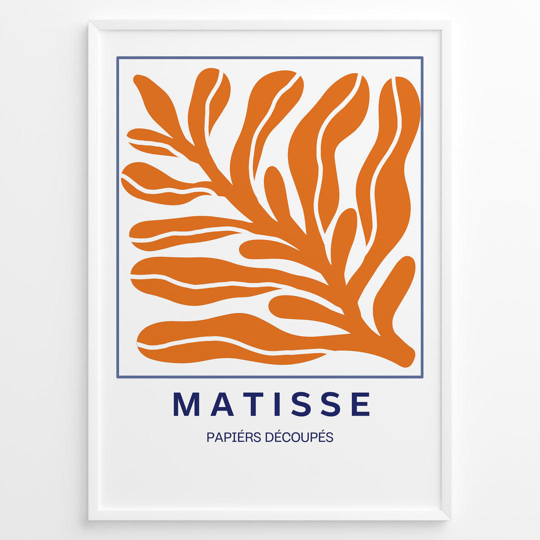 Coral Cut-Outs Plakat | Matisse Poster | Blå ramme med orange abstrakt bladmotiv