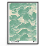 Load image into Gallery viewer, Japanese wave-pattern poster with flowing green lines on a beige background, titled “Yasuragi,” framed in a black border.
