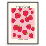 Load image into Gallery viewer, Fruit Market poster with red strawberry illustrations on a pink background in a black frame.
