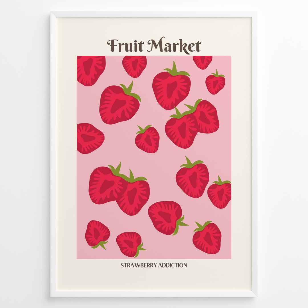 Fruit Market poster with red strawberry illustrations on a pink background in a white frame.