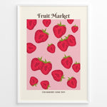 Load image into Gallery viewer, Fruit Market poster with red strawberry illustrations on a pink background in a white frame.
